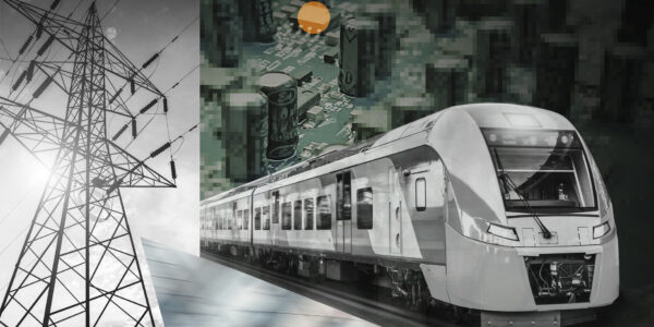 Illustration av kritiska system, kraftledningar, tåg, kretskort.